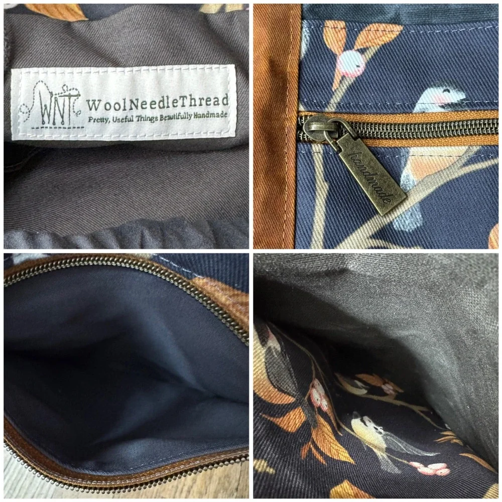 Waxed Canvas and Leather Tote Bag Cute Birds In Tree Cottage Core Reusable - Picture 3 of 10